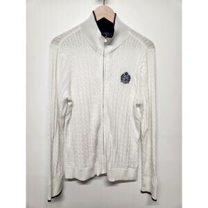 Lauren Ralph Lauren Women's Full Zip Cable Knit White/Navy Sweater, Size XL